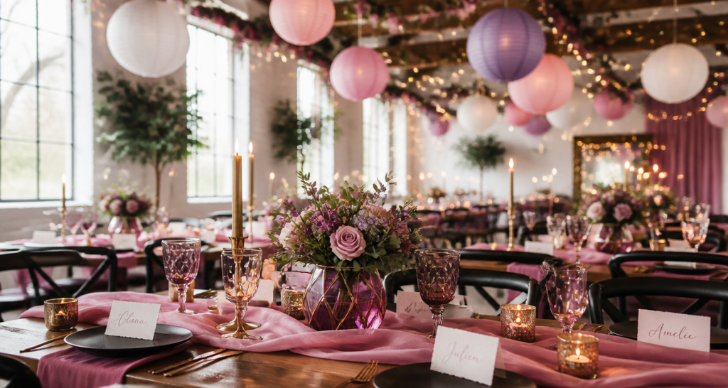 decos de mariage tables roses et violettes