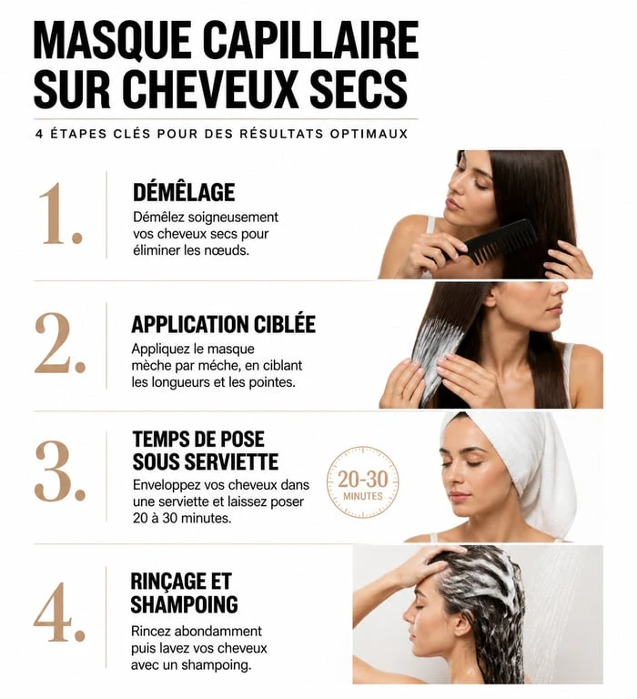 Infographie des étapes pour appliquer un masque sur cheveux secs