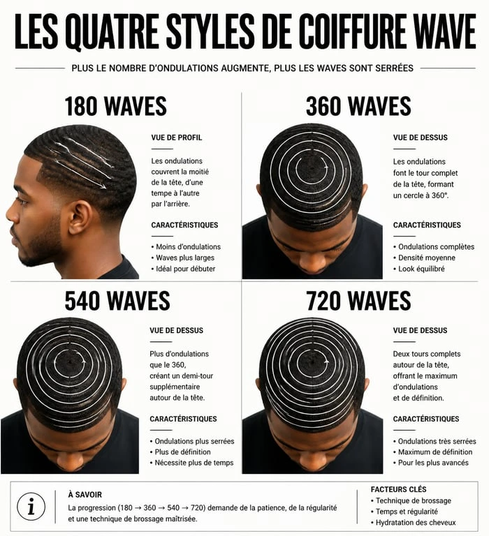 Schéma illustrant les différents styles de coiffure wave : 180, 360, 540 et 720 waves
