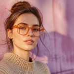 femme avec lunette orange devant mur rose