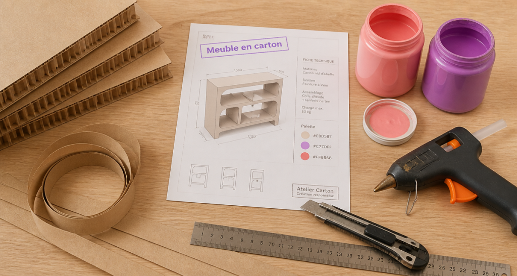 meuble en carton fabrication outils sur table