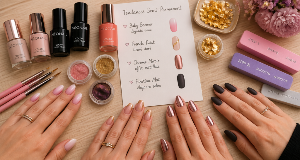 Modèle vernis semi permanent baby boomer, french doré, chrome, mat