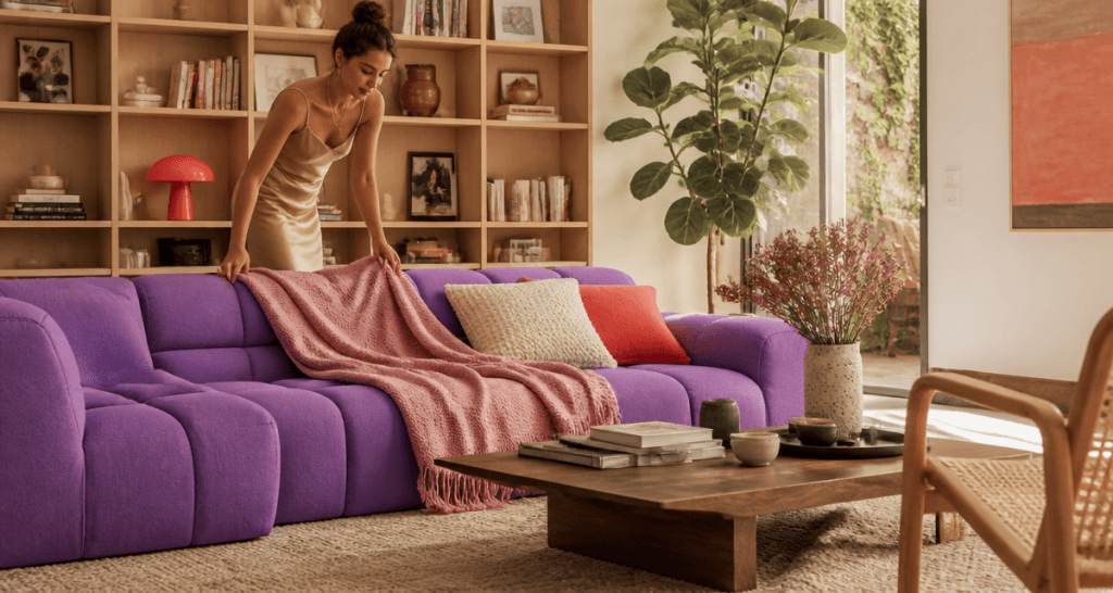 Mon amenagement maison salon moderne avec canapé violet et déco élégante