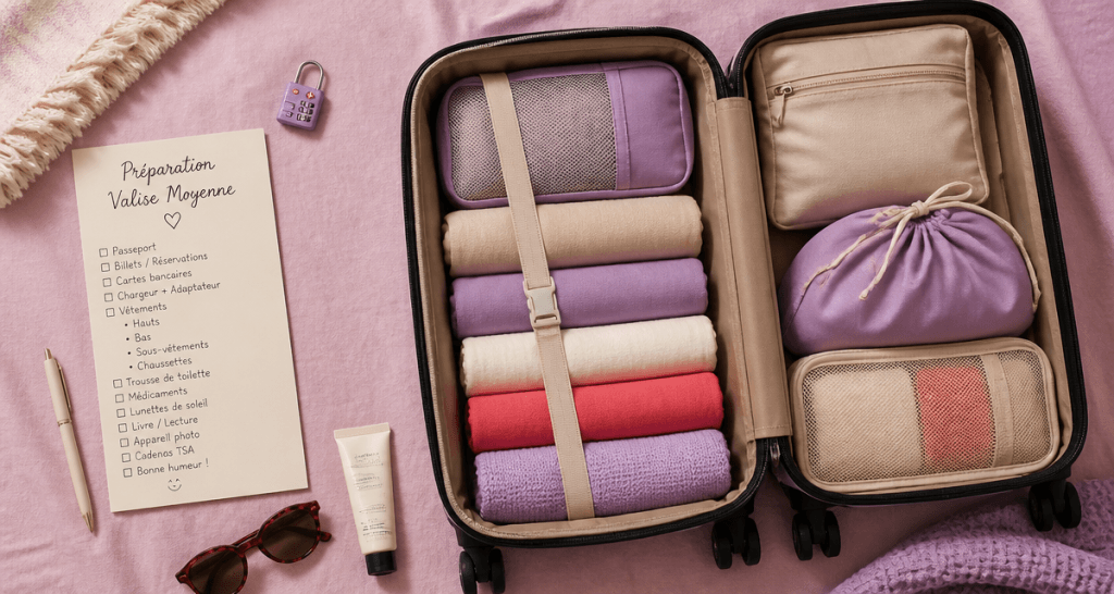 valise moyenne ouverte avec checklist et accessoires