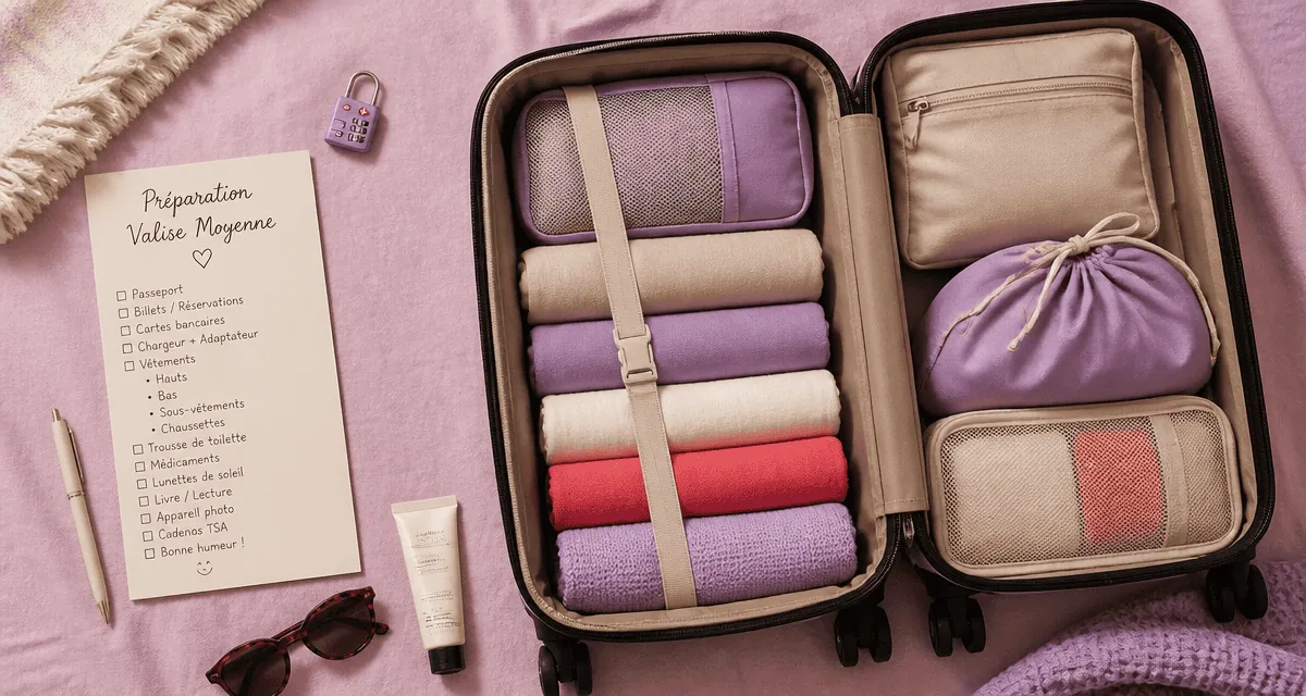valise moyenne ouverte avec checklist et accessoires