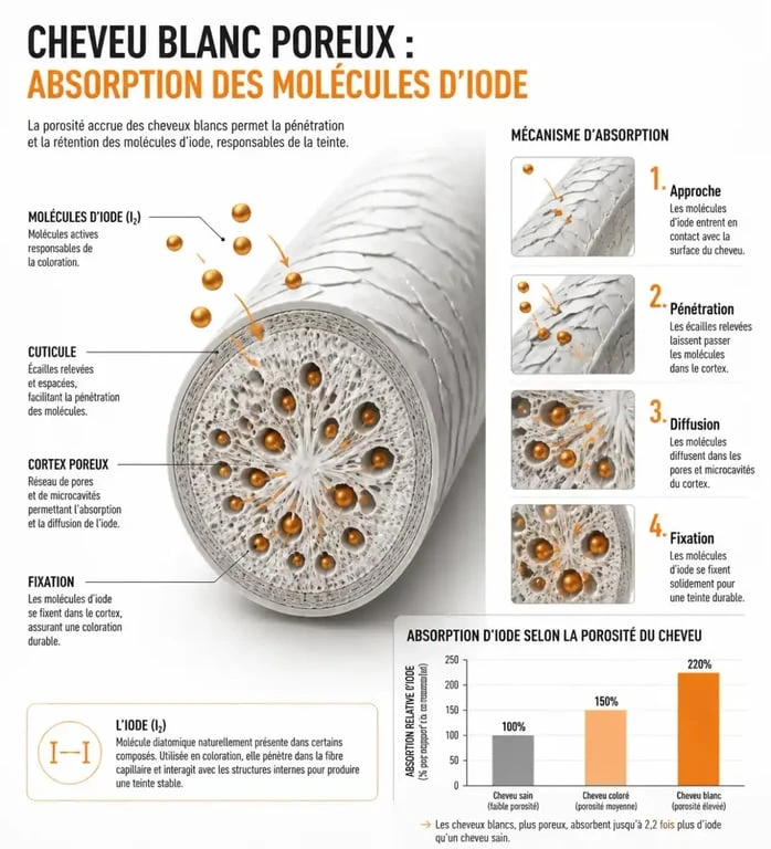 Schéma explicatif de l'effet de la Bétadine sur les cheveux blancs et leur porosité