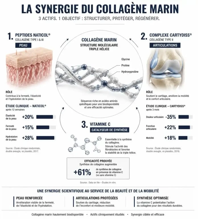 Schéma explicatif des bienfaits du collagène Nutri & Co : synergie Naticol, Cartydiss et vitamine C pour la peau et les articulations.