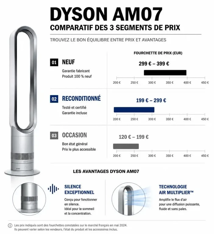 Comparatif des prix du ventilateur Dyson AM07 : neuf, reconditionné et occasion pour trouver le meilleur prix