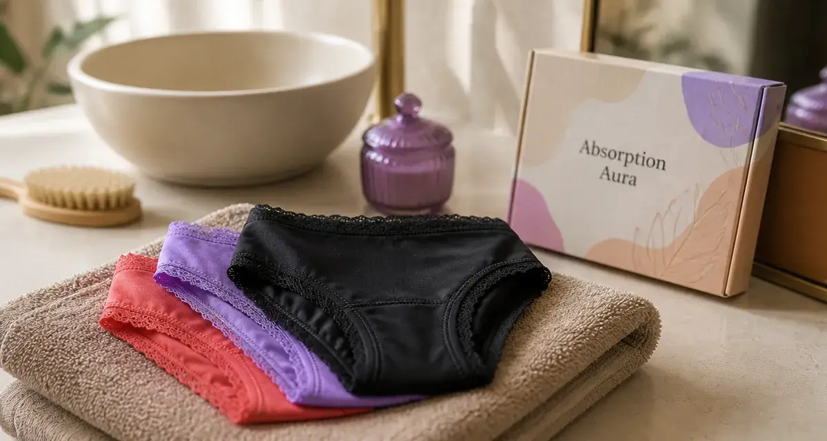 Herloop culotte menstruelle sur linge beige, gros plan en salle de bain