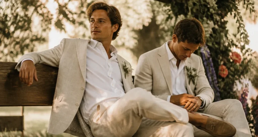 Tenue mariage homme été : marié en lin beige et chemise blanche, vin d’honneur
