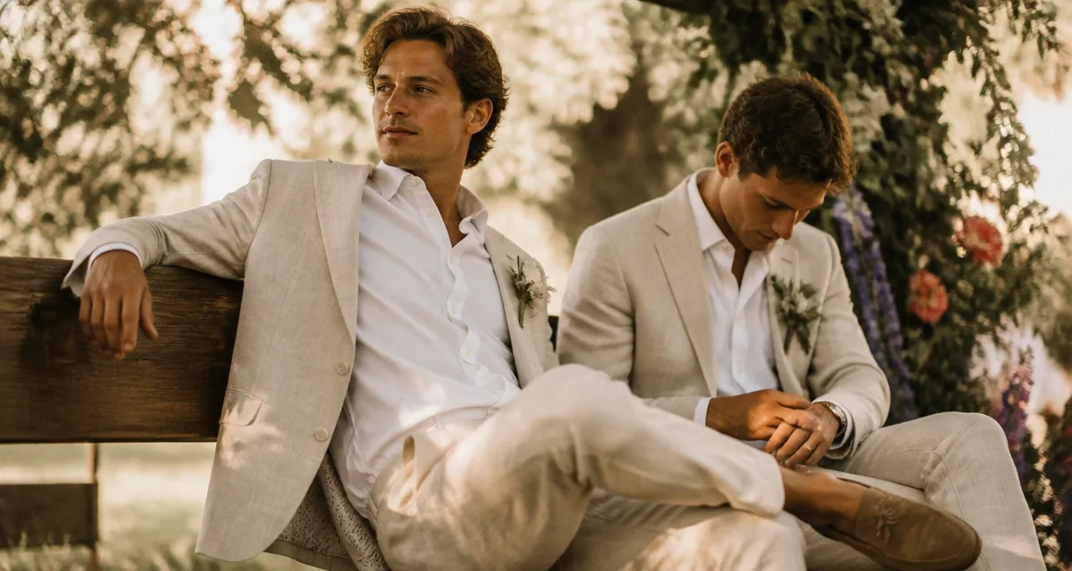 Tenue mariage homme été : marié en lin beige et chemise blanche, vin d’honneur