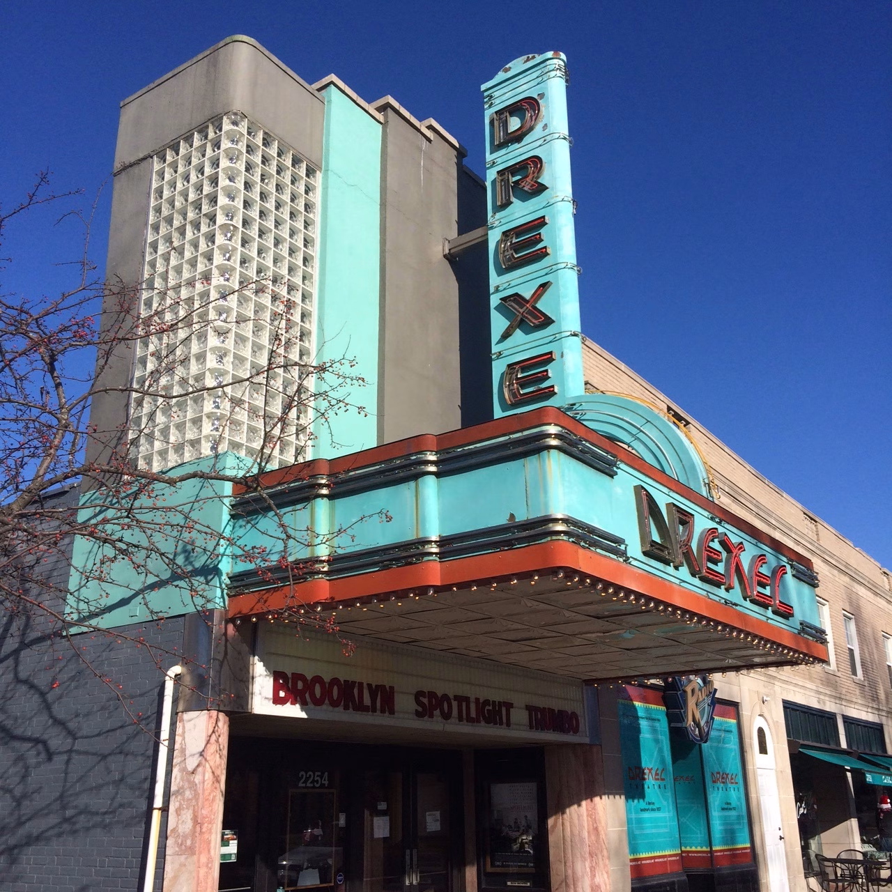 Art deco style Drexel Theatre in sunlight