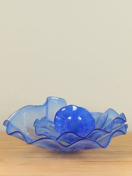 Schaal - Kobaltblauw - Glas - Set schalen Bloem, kobalt met witte lijnen - Afbeelding 2