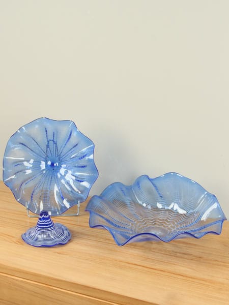 Schaal - Kobaltblauw - Glas - Set schalen Bloem, kobalt met witte lijnen - Afbeelding 5