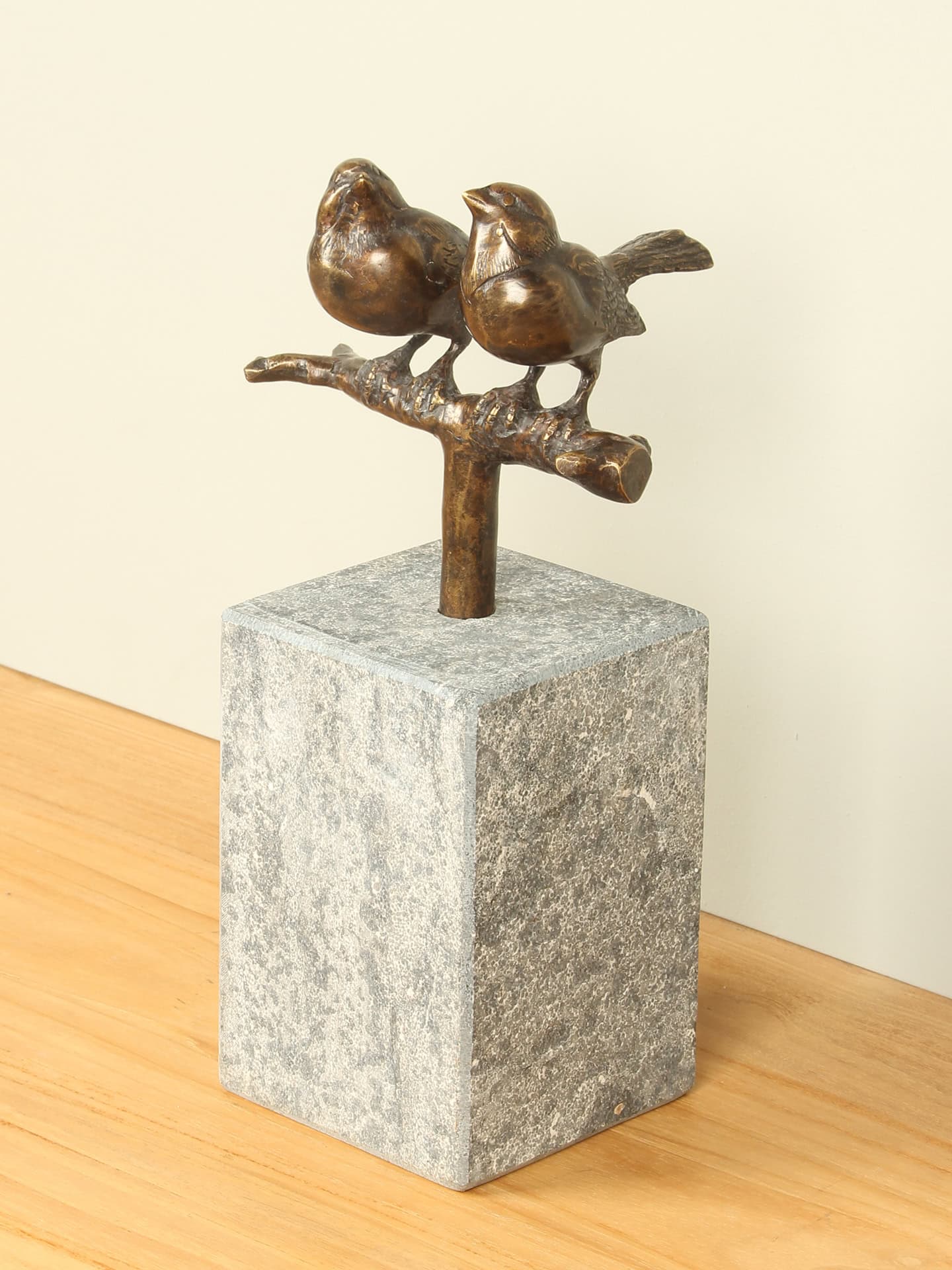 Beeld voor binnen of buiten - Brons - 2 Mussen op Tak - 17x15x10 cm - Afbeelding 4
