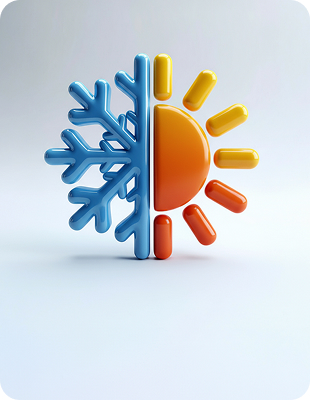 Symbolic image of a snowflake and sun representing heating and cooling.