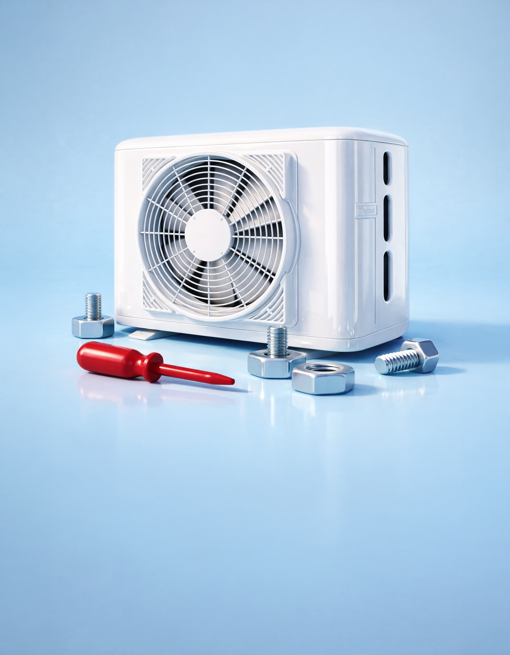 HVAC outdoor unit with tools for installation or repair.