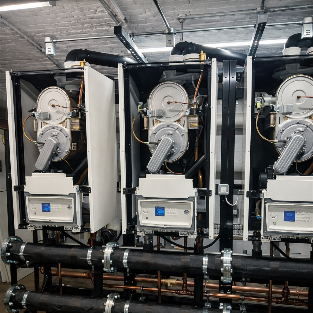 Industrial gas boiler system for commercial heating and hot water solutions.