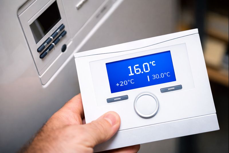 Thermostat displaying 16.0°C for heating control at Halesowen Gas Services.