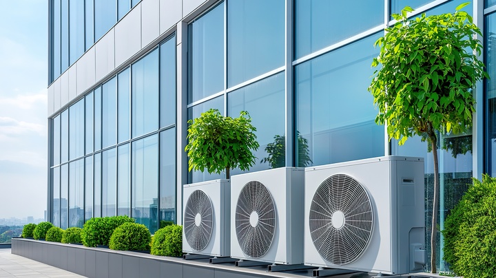 Modern commercial HVAC units outside a glass building in Halesowen.