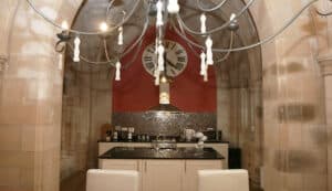 Modern kitchen within historic Highland Club building in Scotland.