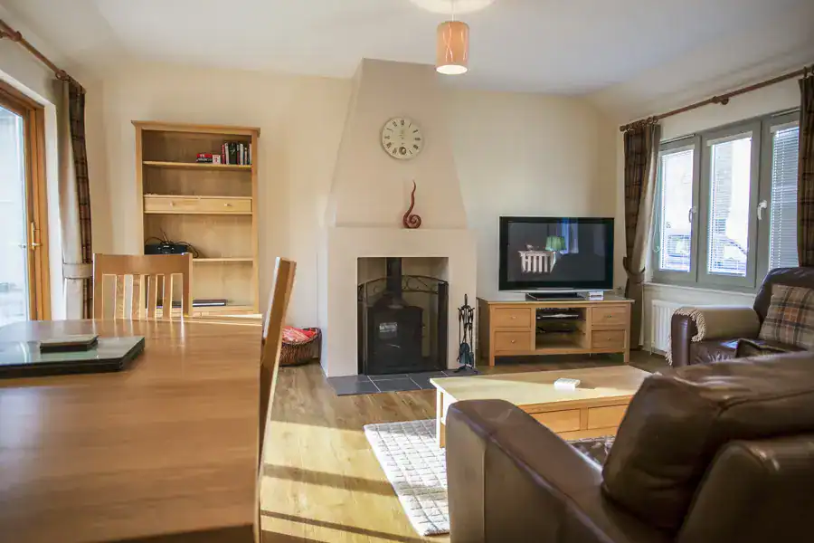 Bright Highland Club living room with fireplace and modern TV.
