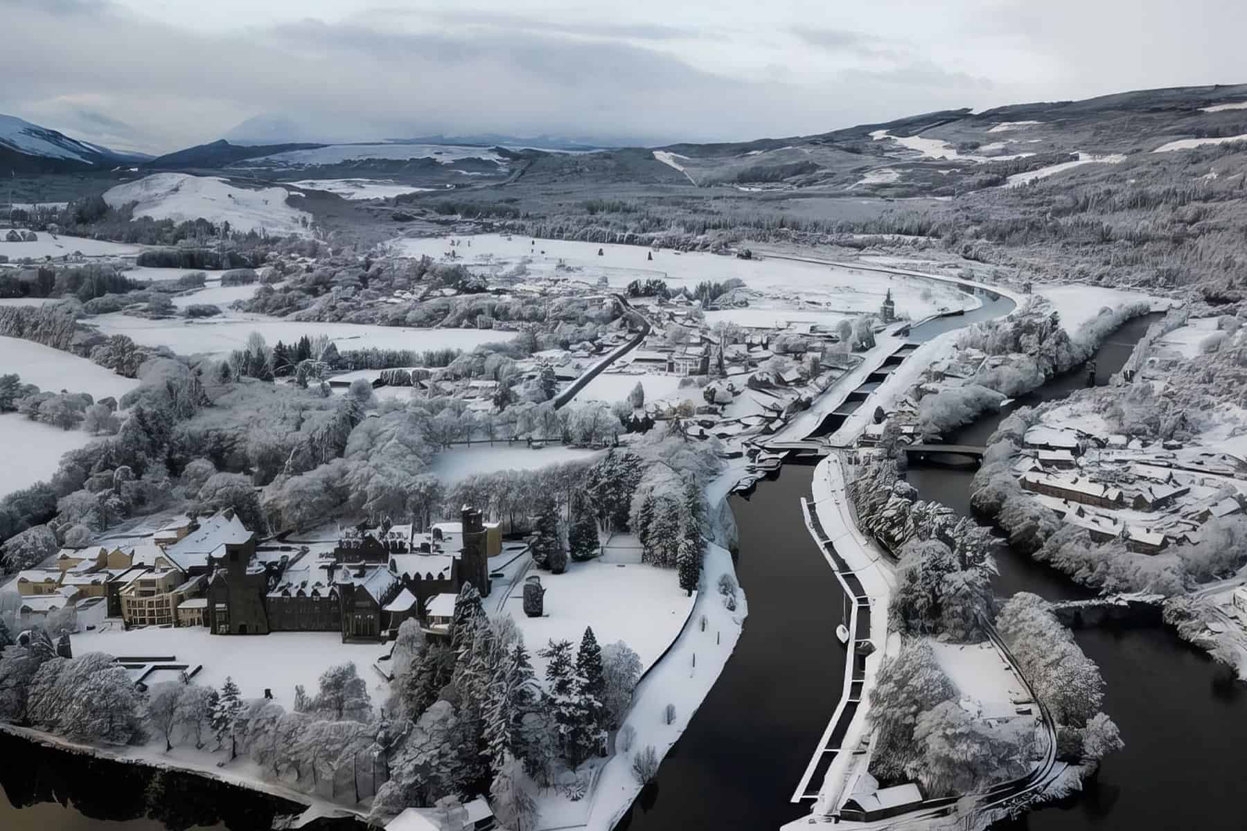 Aerial view of Highland Club Scotland in winter with snow-covered landscape and river.