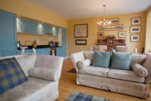 HCS Development modern living room with comfortable sofas and elegant decor.