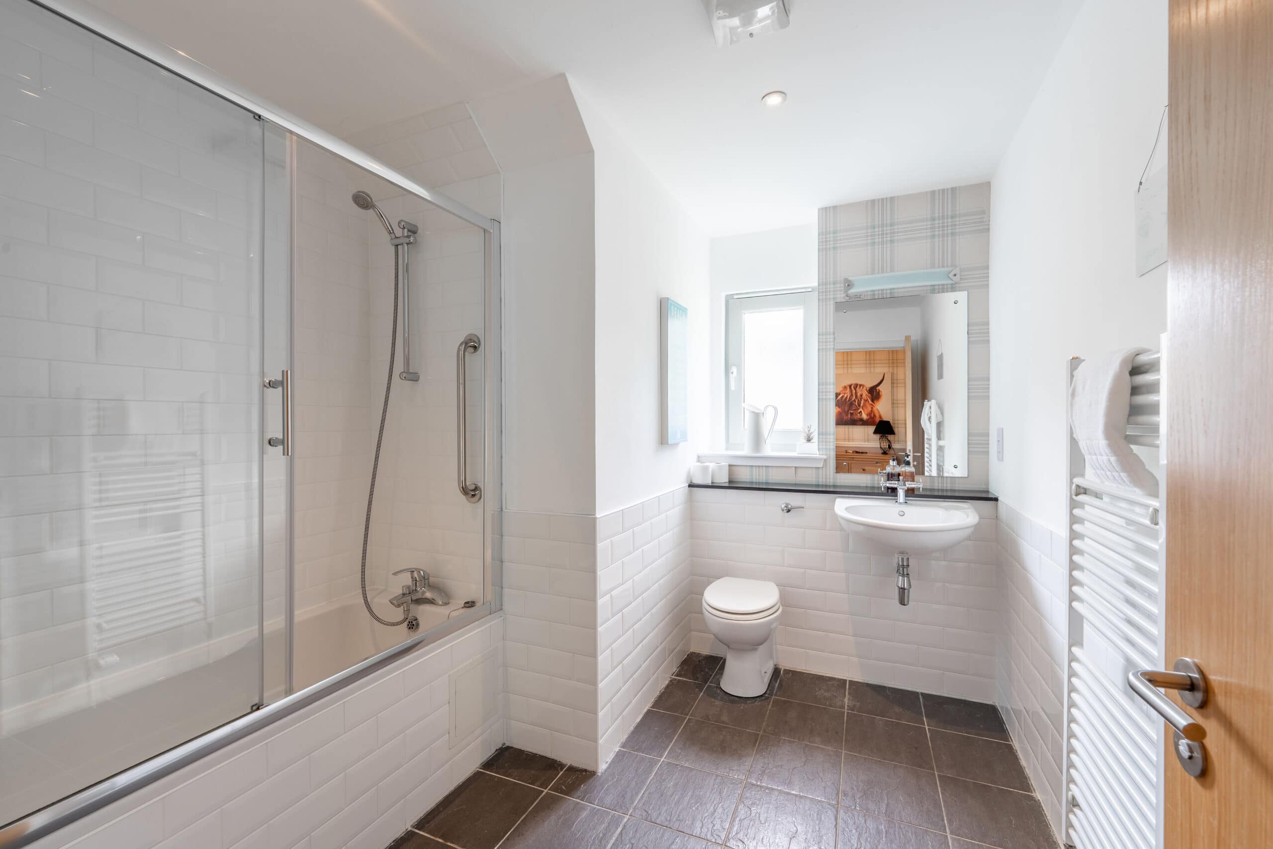 Bright Highland Club bathroom with shower, toilet, and sink in a contemporary style.