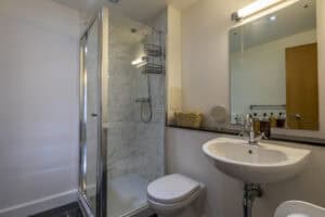Modern bathroom with walk-in shower, white fixtures, and minimalist design.