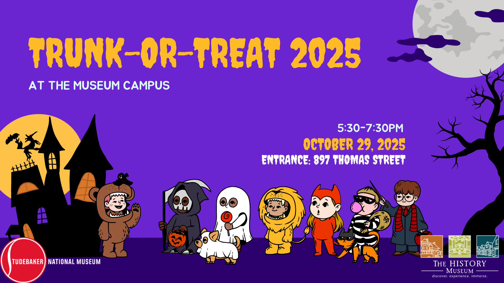 Spooky Halloween costume characters in front of haunted house for Trunk-or-Treat event at The History Museum in 2025.