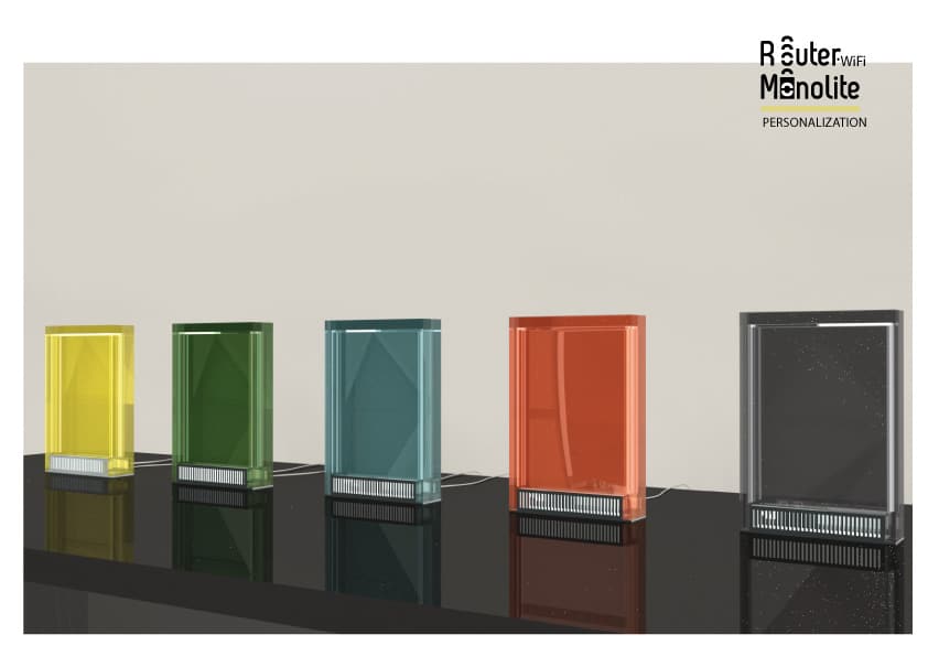 Colorful Monolite router enclosures in yellow, green, blue, orange, and black.
