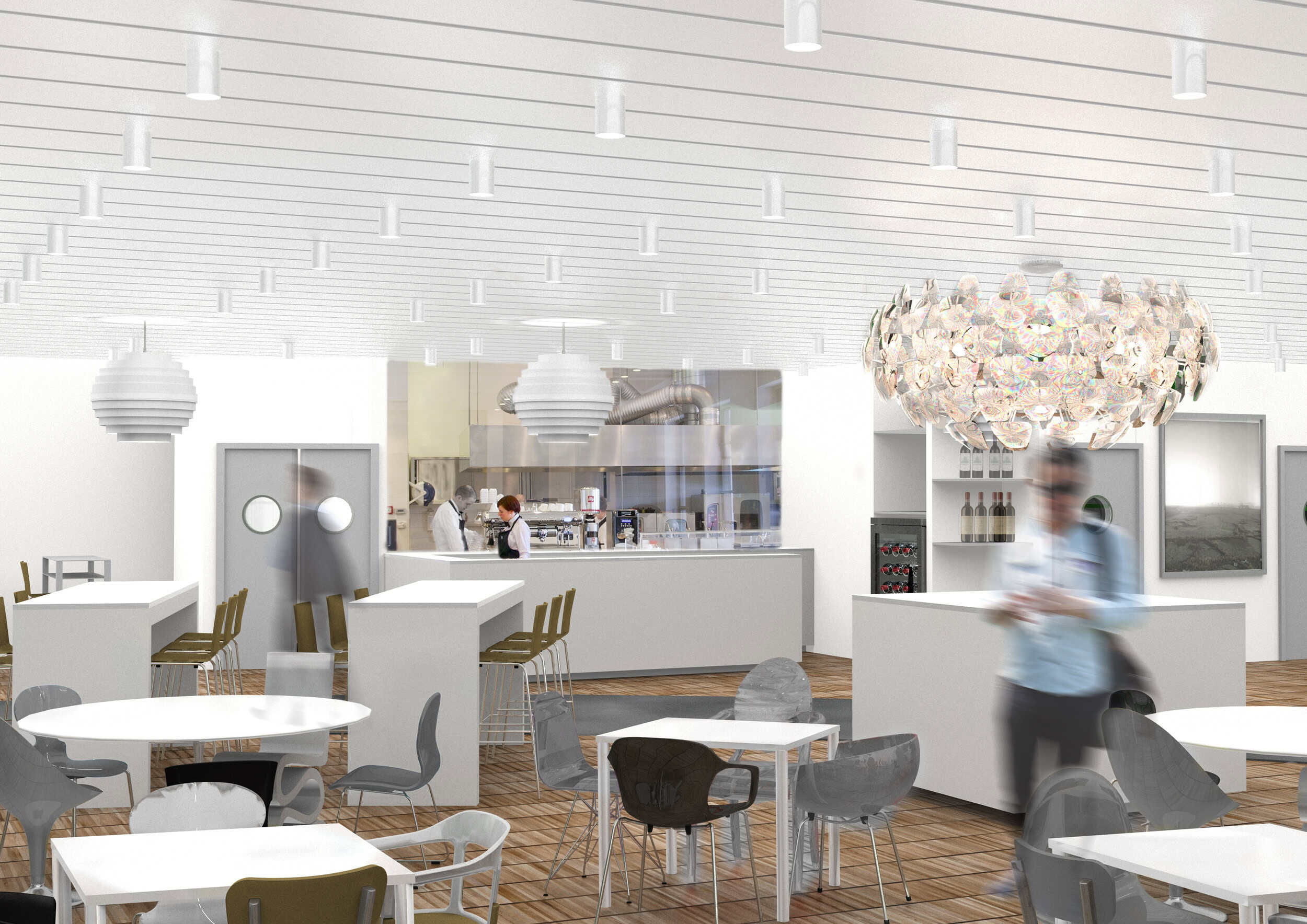 Modern airport restaurant interior with stylish decor and seating areas.