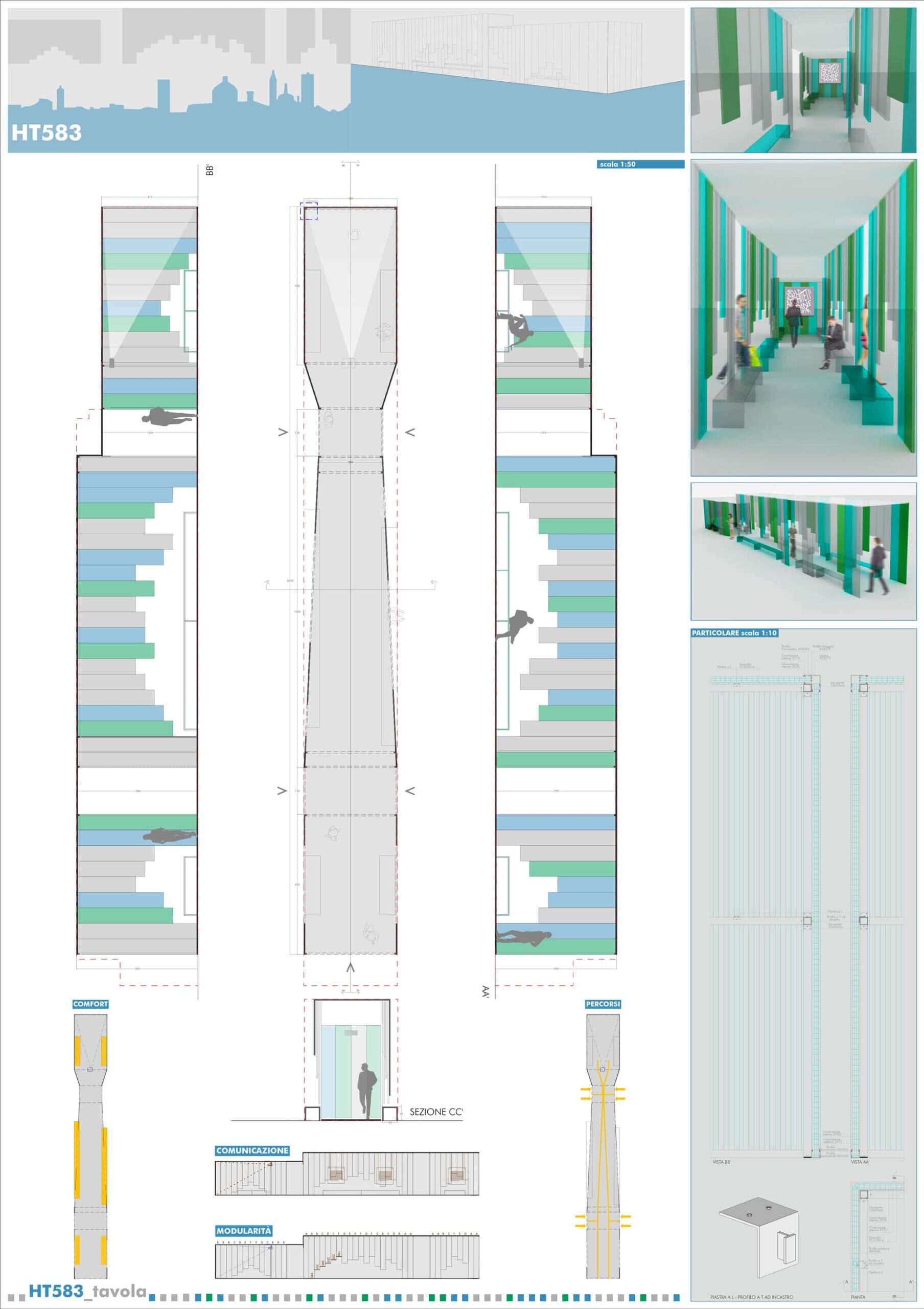 Architectural design plan for OAB Pavilion with interior corridor visuals.