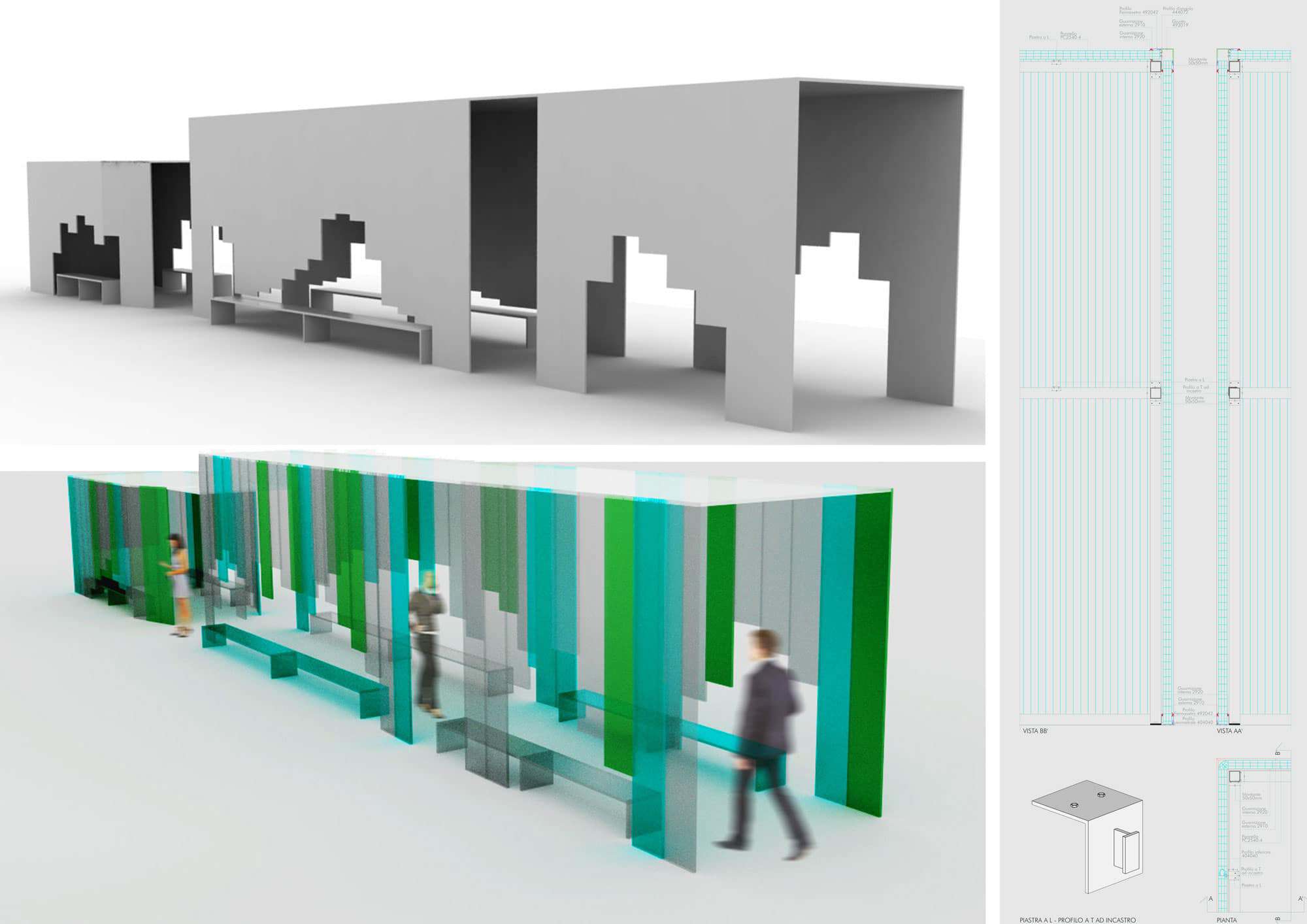 Modern architectural pavilion design with minimalist concrete structure and colorful interior panels.