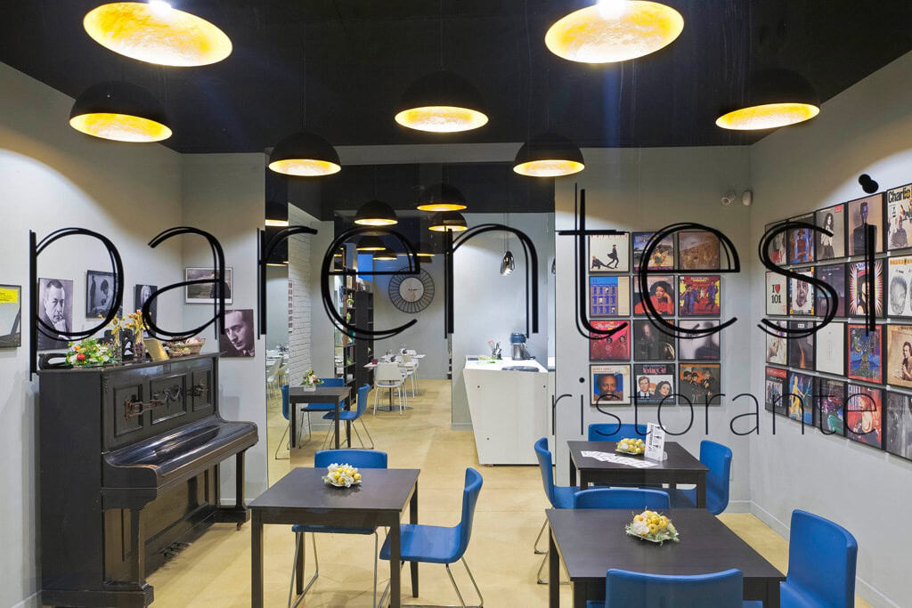 Interior view of Restaurant Parentesi in Milan with modern decor and blue seating.
