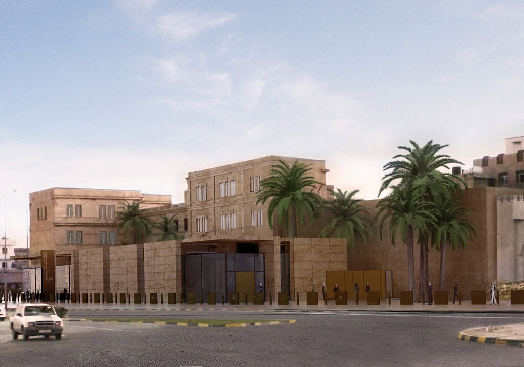 Modern architectural building with palm trees and urban surroundings.
