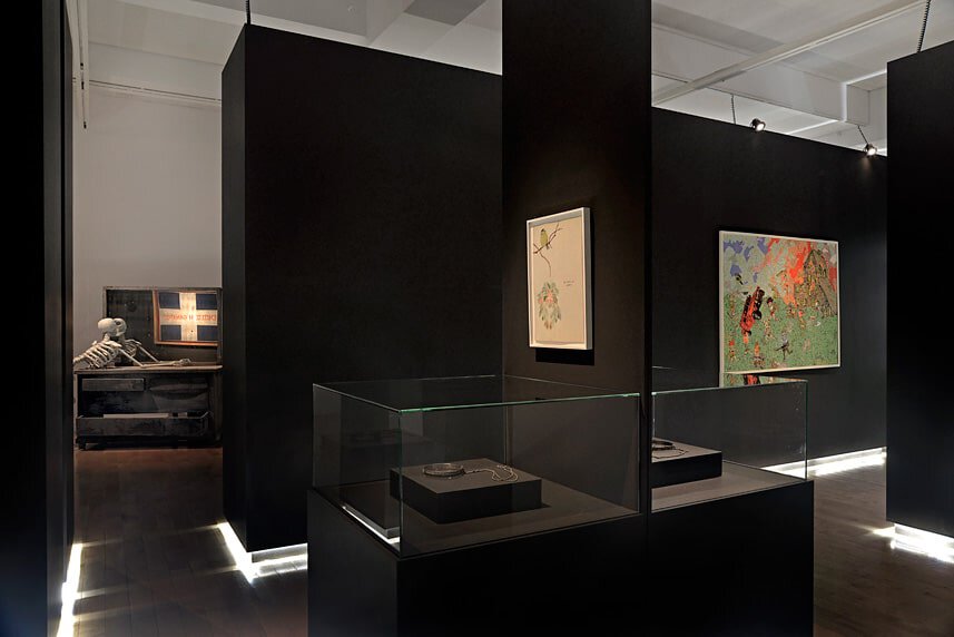Modern art gallery interior with black walls and illuminated display cases.