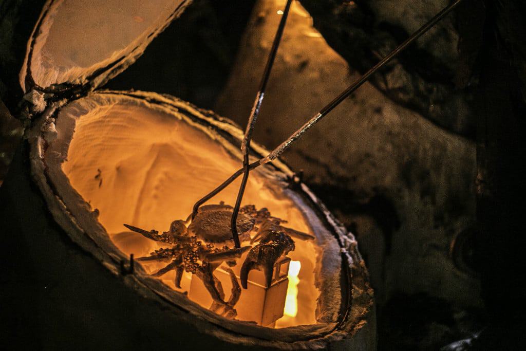 Close-up of a lobster trap inside a wooden log at night.