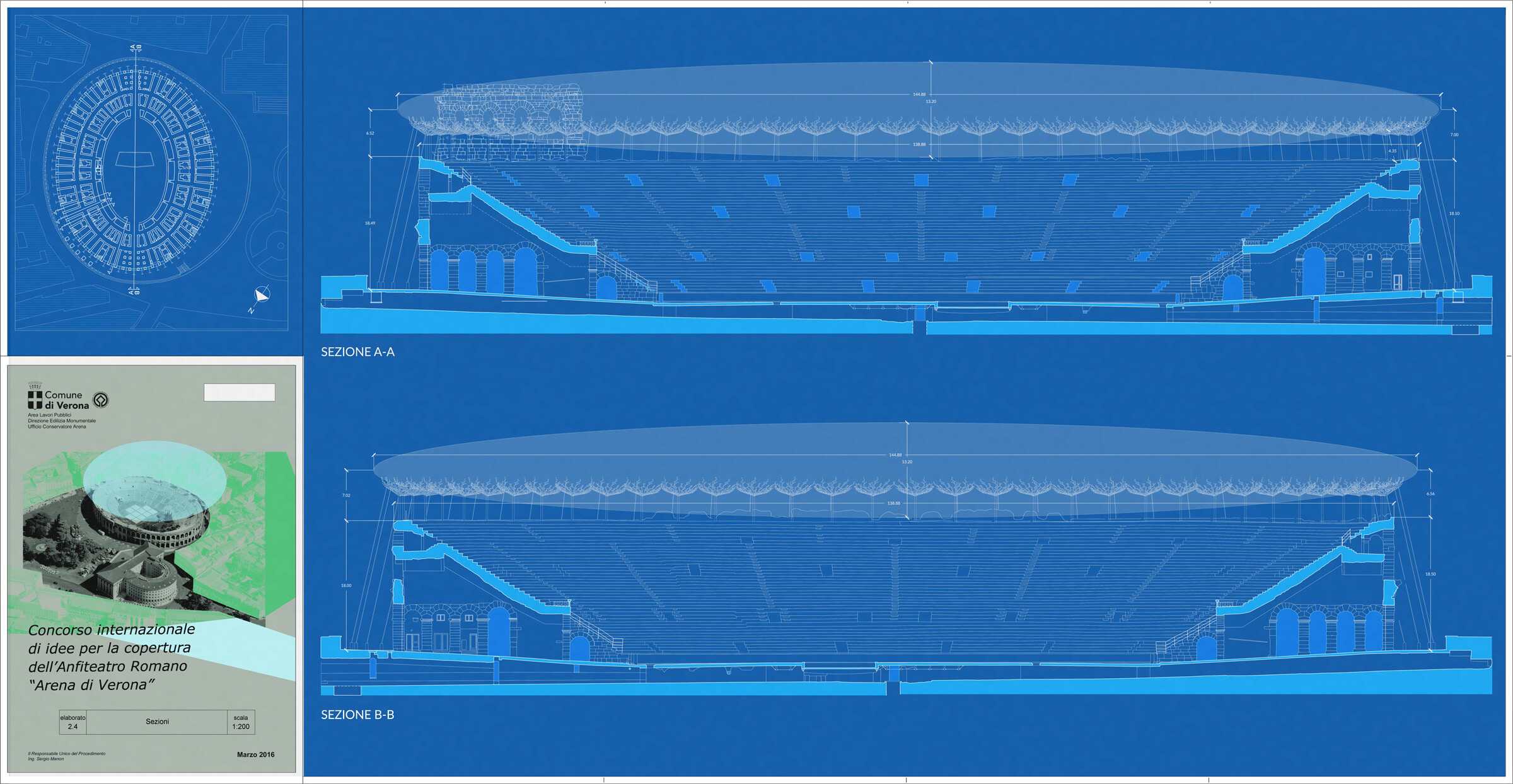 Blueprint of Arena di Verona stadium with detailed structural sections.