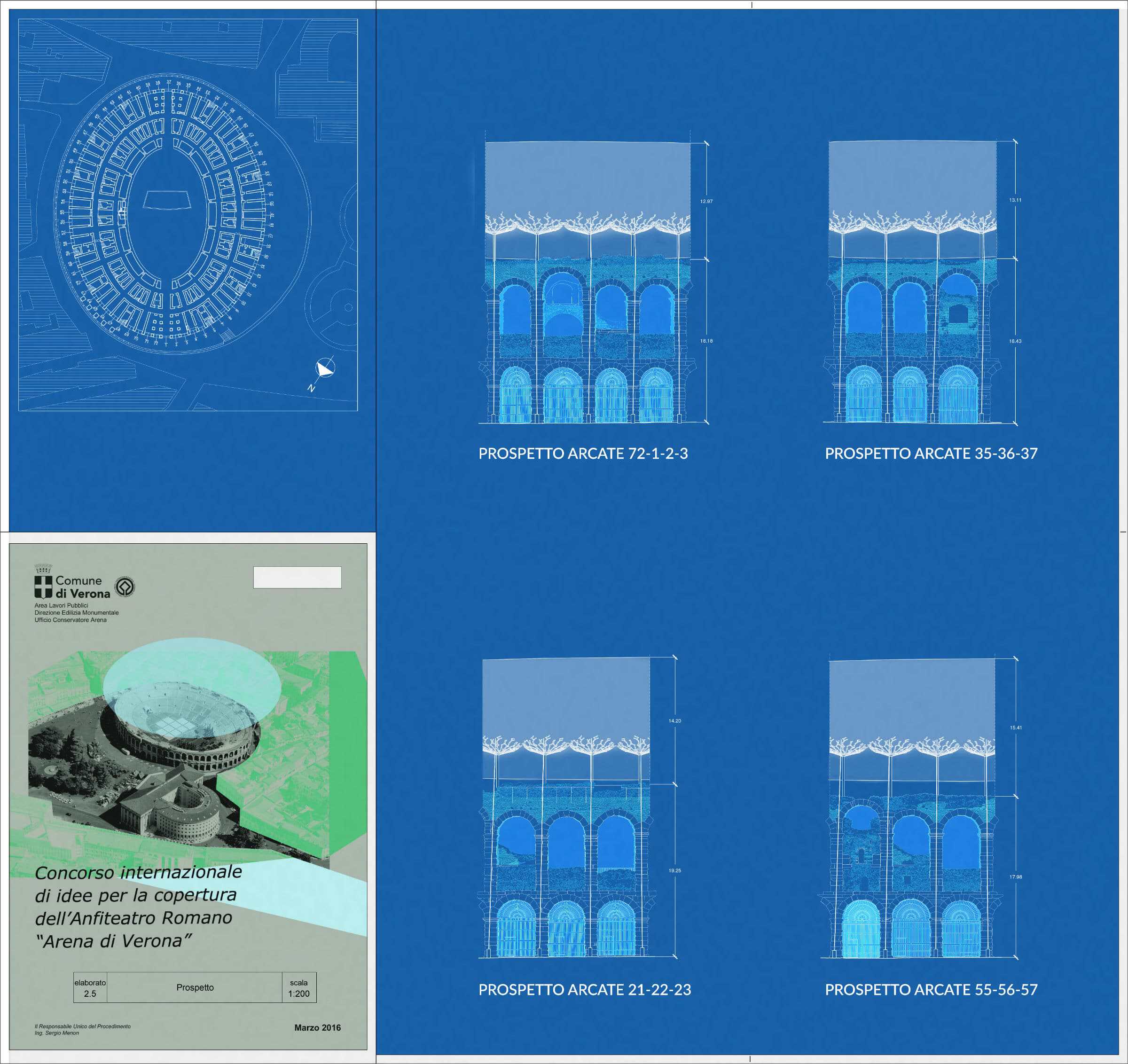 Blueprint designs of Arena di Verona's arches and facade details.