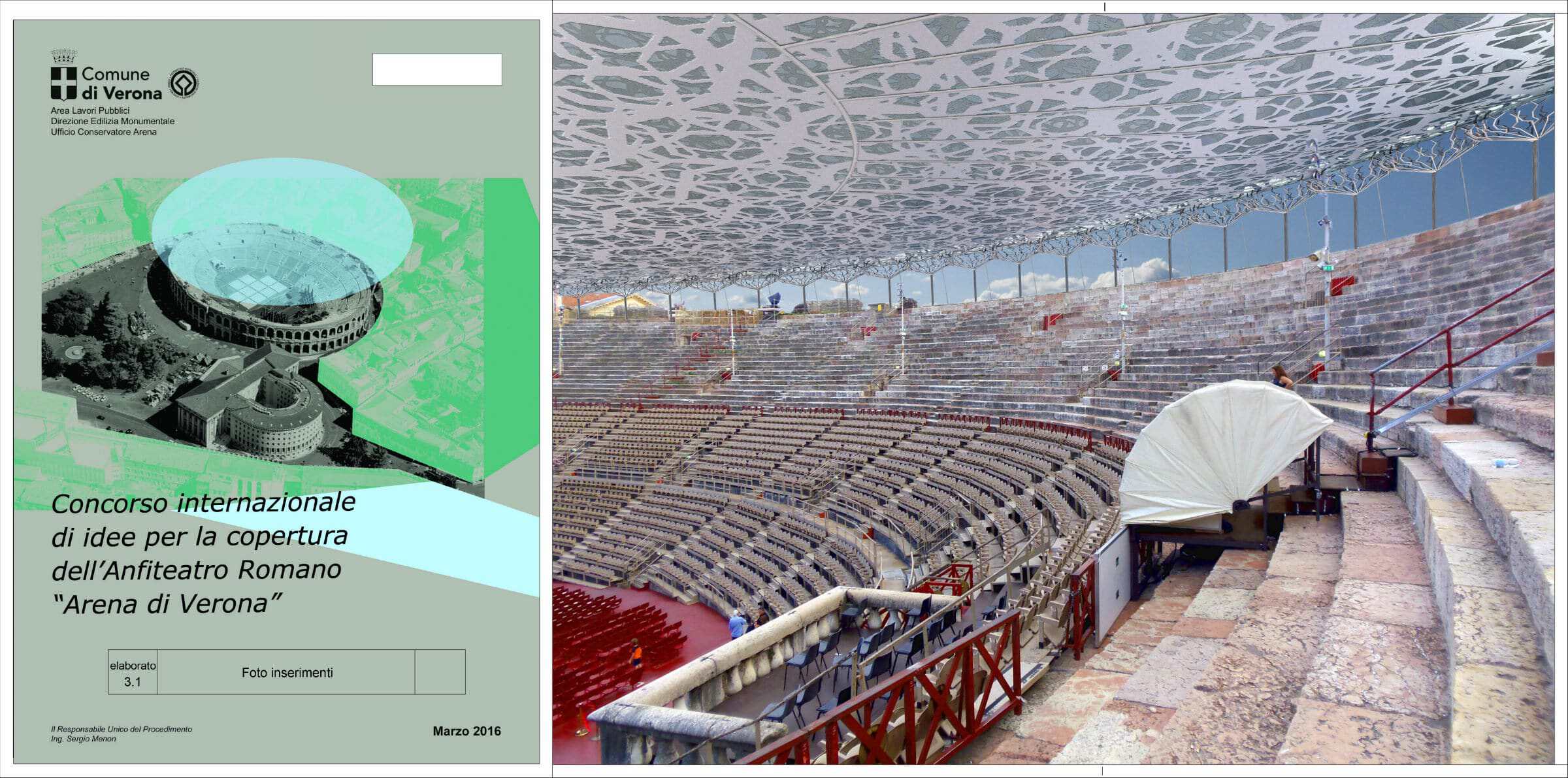 Interior view of the Roman Arena di Verona with seating and decorative ceiling.