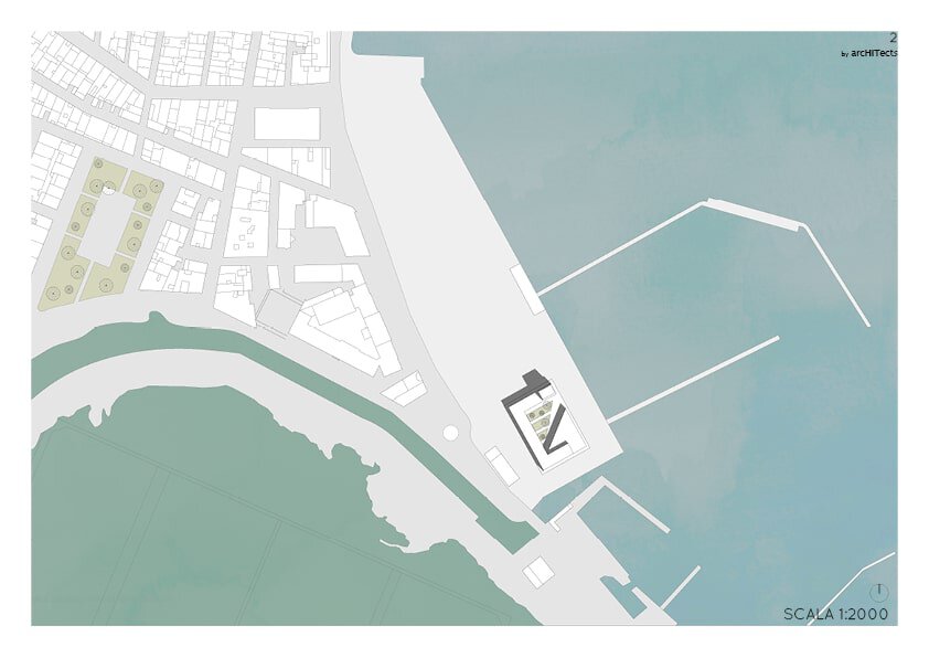 Port authorities at Carloforte waterfront with new architectural design.