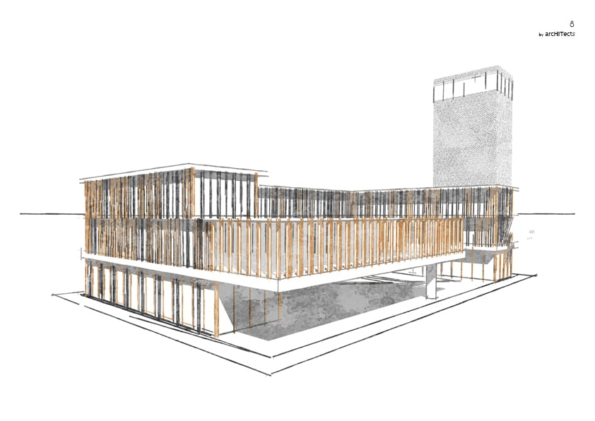 Modern port authority building design with wooden facade and tower in Carloforte.