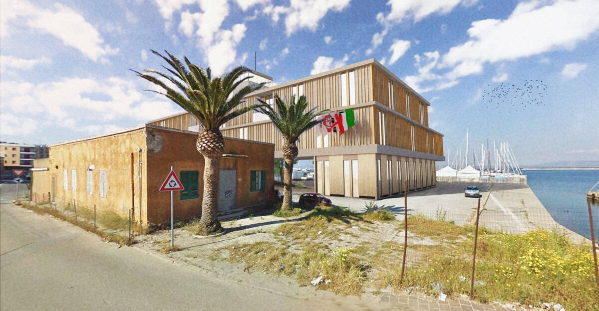 Modern port authority building with wooden and concrete design near Carloforte harbor.