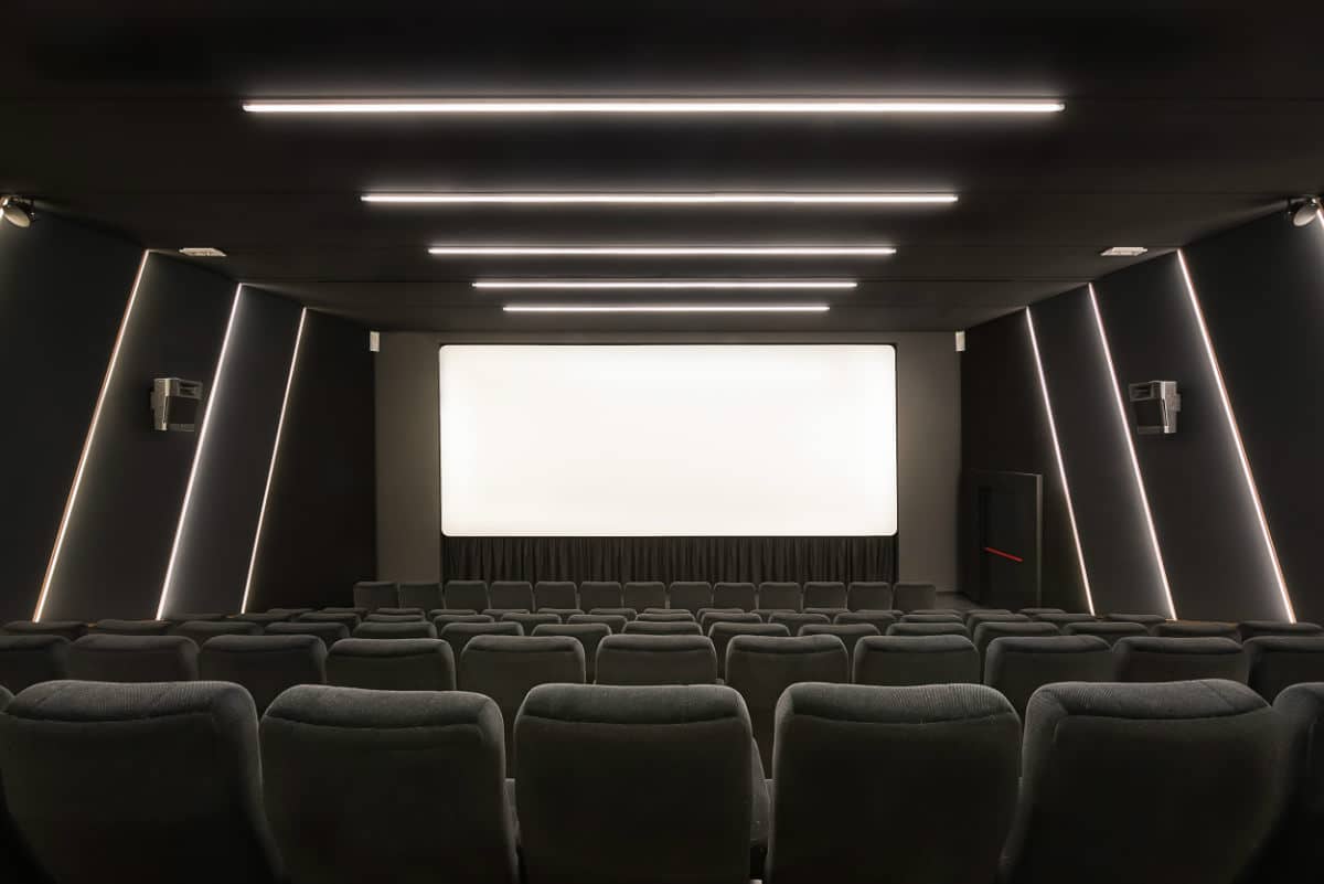 Modern multiplex cinema interior with comfortable seats and large screen.