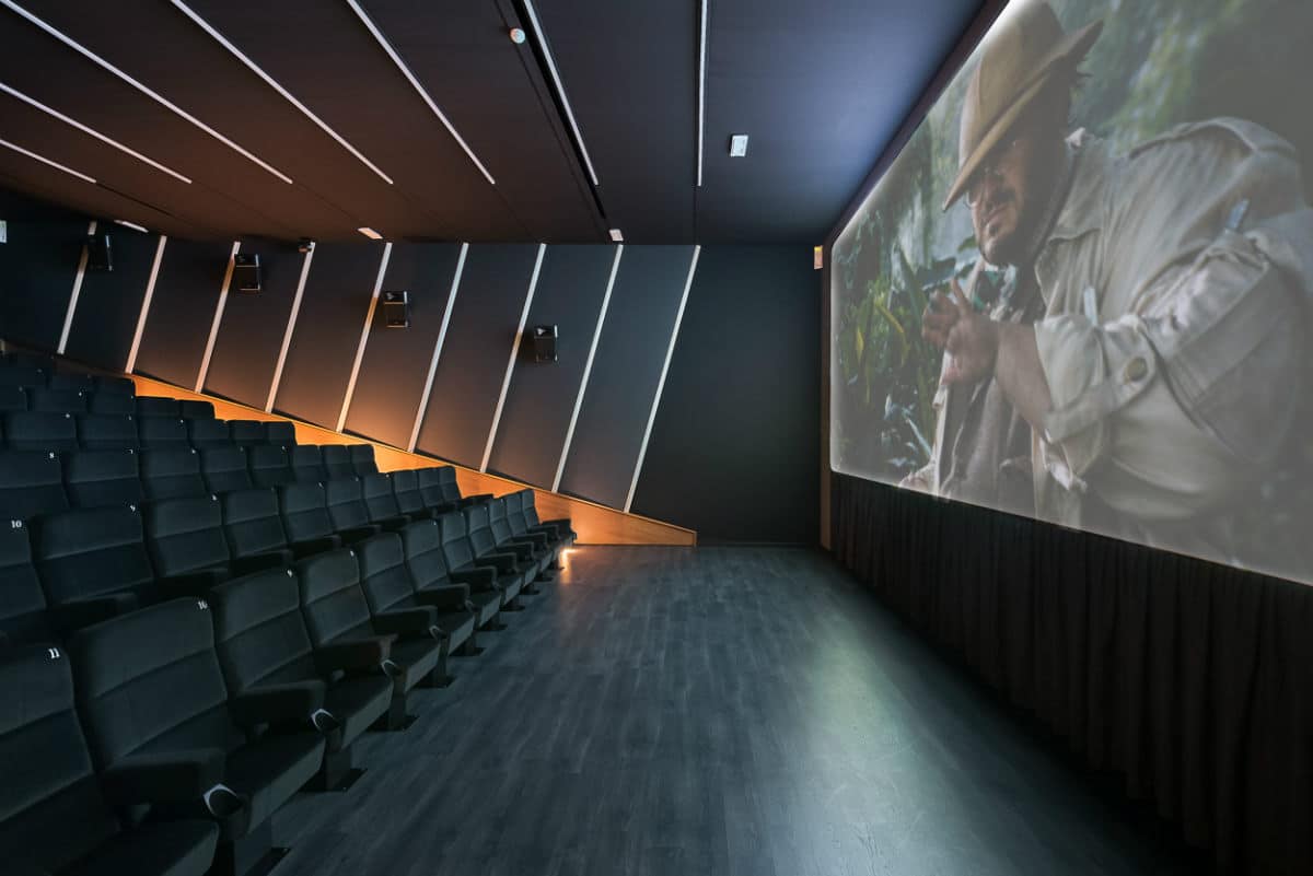 Modern multiplex cinema theater with large screen and comfortable seating.