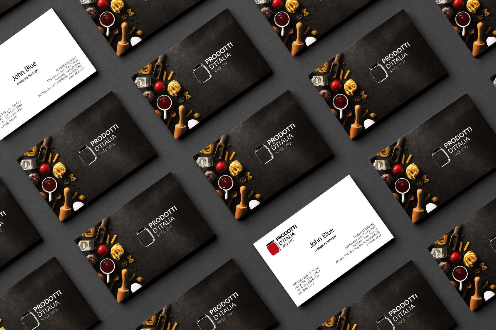 Business cards for Prodotti d'Italia Brand with chocolate and fruit design.