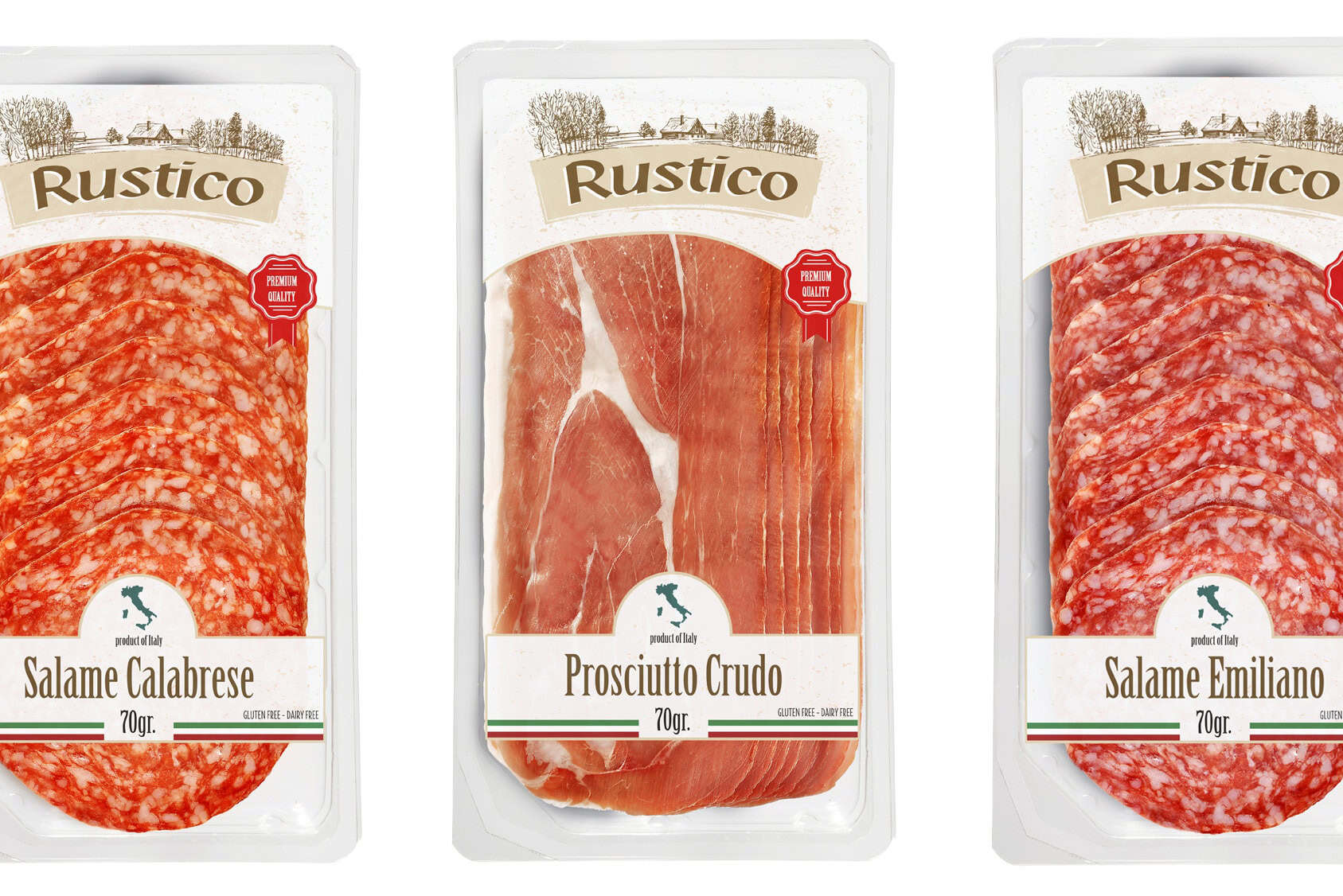 Rustico cured meats: Salame Calabrese, Prosciutto Crudo, Salame Emiliano.