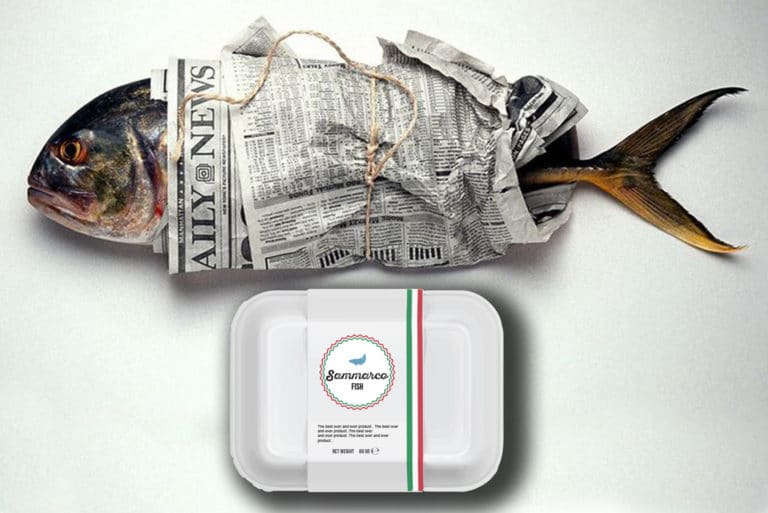 Fish Wrapped In Newspaper With A Plastic Container Below, On A White Background.
